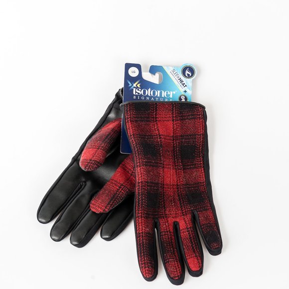 NWT Isotoner Red Faux Leather Plaid Driving Glove